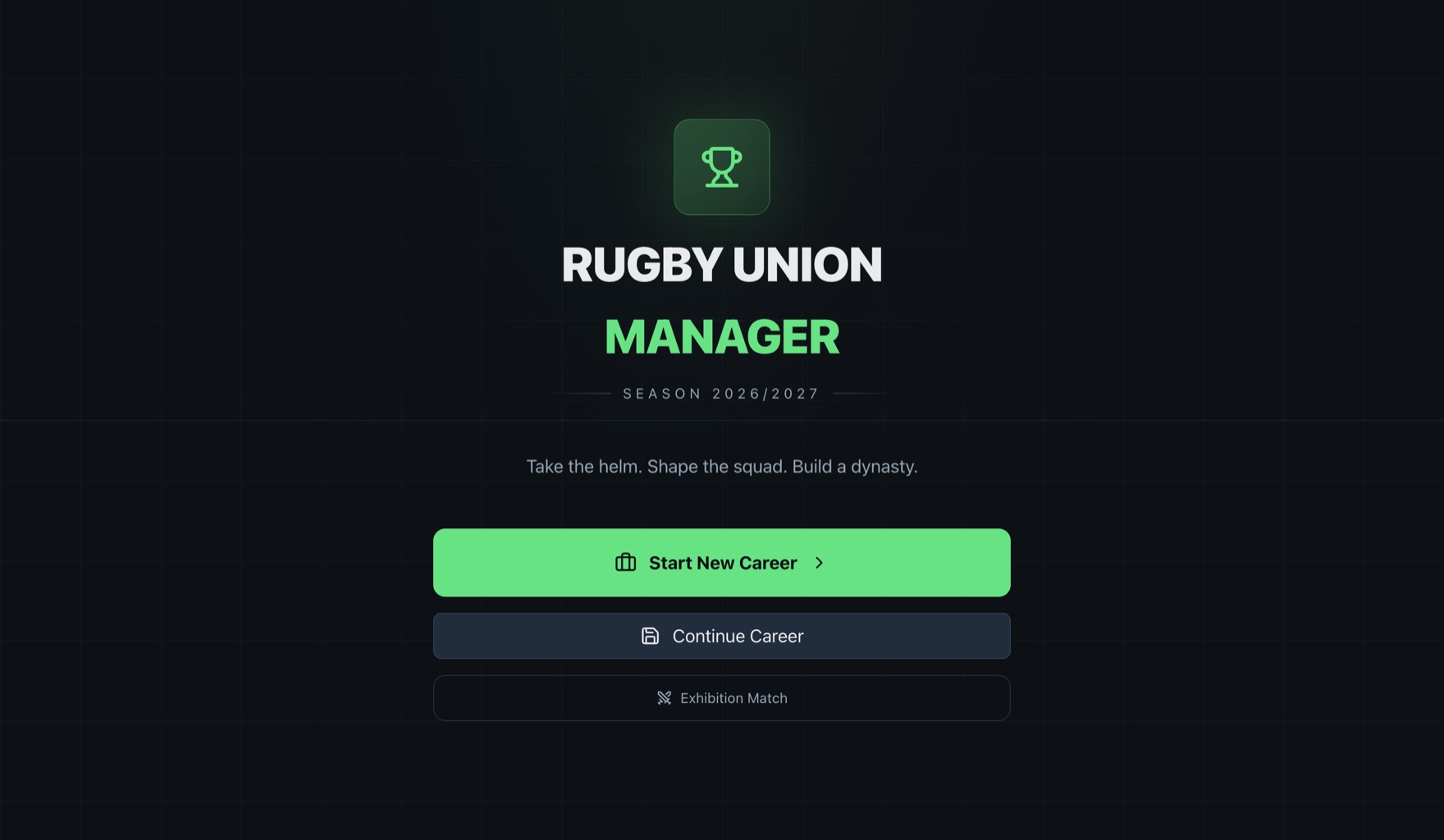 Rugby Union Manager title screen: Start New Career, Continue Career, Exhibition Match.