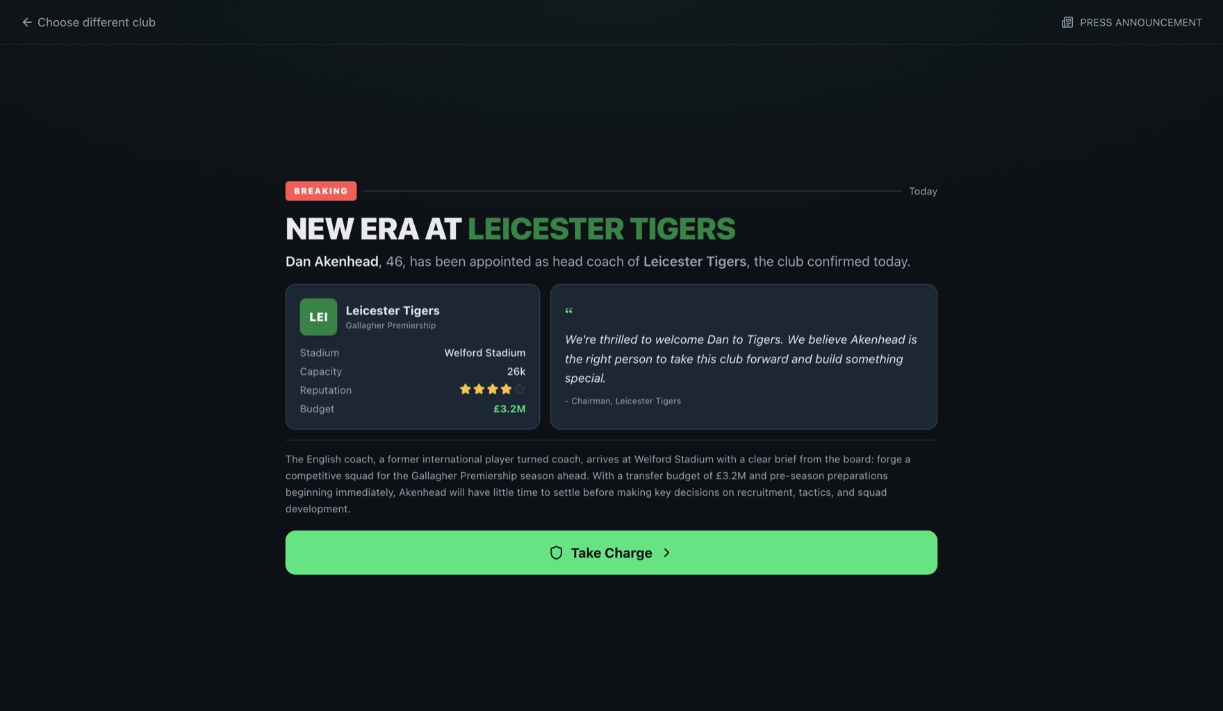 Press announcement screen: a new head coach appointed, with club stadium, capacity and budget.