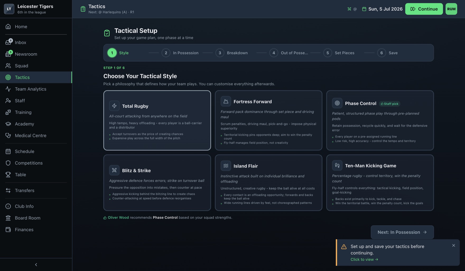 Tactical setup screen showing six tactical styles to choose between.